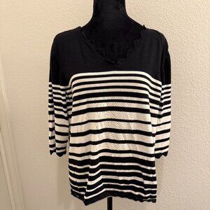 Roz & Ali Tshirt Womens Plus 2X Black White Striped 3/4 Sleeve
